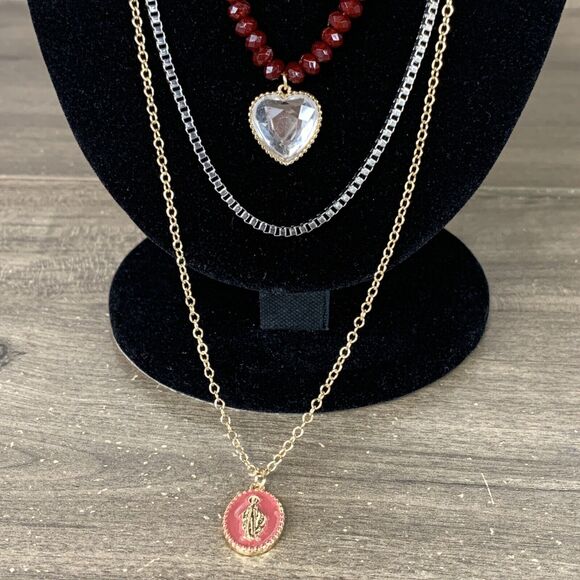 Melrose and Market Multi-Layer Long Necklace Set Miraculous Heart Pendant Charm - Picture 3 of 10